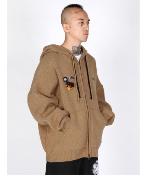 【AJOBYAJO/アジョバイアジョ】Oversized (19) Slogan Wool Knit Zip-Up Hoodie/オーバーサイズ ロゴ ニット ジップアップ フーディー パーカー ジップパーカー 秋服 冬服