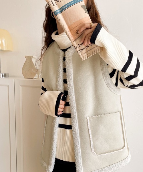 土日限定Sale❗️羊革シープスキン　ロングジレ　ベスト　ボア　リバーシブル SHIPS（シップス）の「リバーシブル フェイクファー ボンディング ジレ