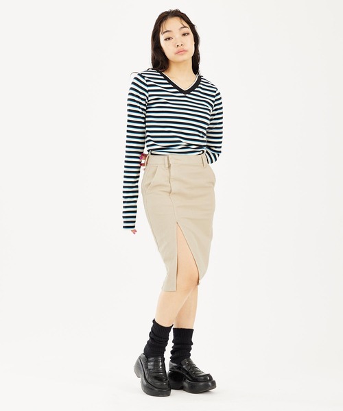 X-girl(エックスガール)の「SLIT SKIRT(デニムスカート・レディース・ライトグリーン/ベージュ/ライトインディゴブルー・XS/S/M)」の20枚目の写真
