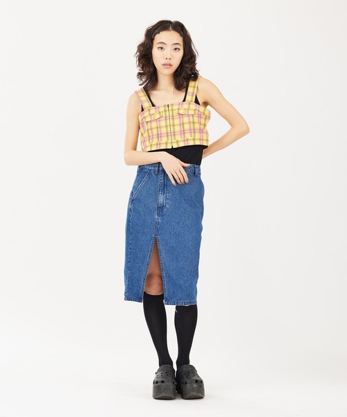 X-girl（エックスガール）の「SLIT SKIRT（デニムスカート・レディース・ライトグリーン/ベージュ/ライトインディゴブルー・XS/S/M）」の20枚目の写真
