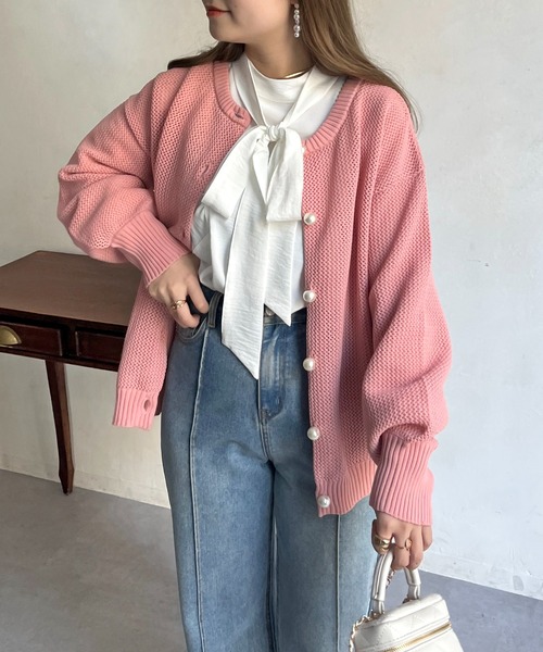 prose verse（プロズヴェール）の「パールボタン2WAYメッシュカーディガン（カーディガン/ボレロ・レディース・グリーン/アイボリー/ピンク/ブラック・ﾌﾘ-）」の4枚目の写真