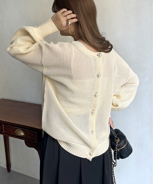 prose verse（プロズヴェール）の「パールボタン2WAYメッシュカーディガン（カーディガン/ボレロ・レディース・グリーン/アイボリー/ピンク/ブラック・ﾌﾘ-）」の2枚目の写真