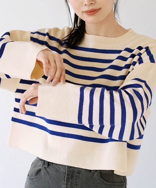 MIMIMEMETE(ミミメメット)の「パネルボーダー ショート丈ニット(ニット/セーター・レディース・ブルー/ブラウン・フリー)」の6枚目の写真