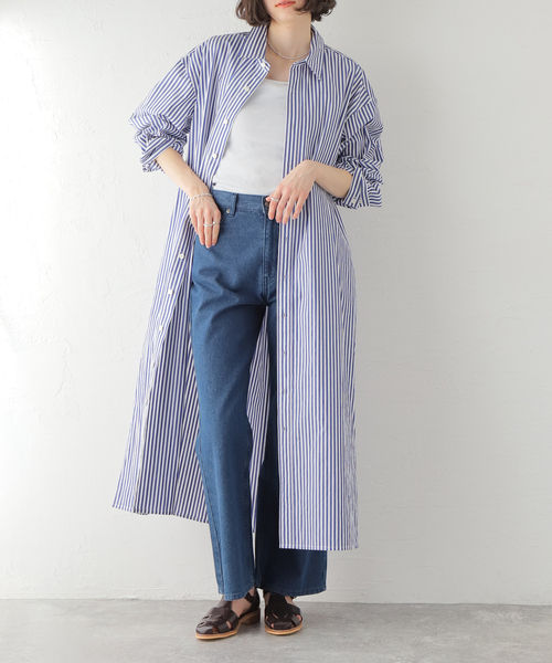 JOURNAL STANDARD（ジャーナルスタンダード）の「コットンブロードストライプシャツワンピース（シャツワンピース・レディース・ブラック/ブルー・FREE）」の2枚目の写真