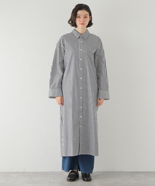JOURNAL STANDARD（ジャーナルスタンダード）の「コットンブロードストライプシャツワンピース（シャツワンピース・レディース・ブラック/ブルー・FREE）」の3枚目の写真