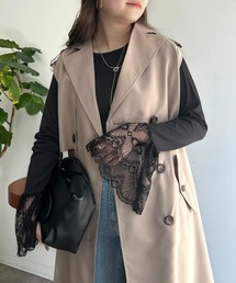 袖レースボートネックリブトップス
