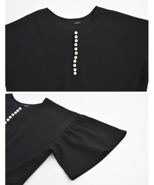 Re:EDIT（リエディ）の「[洗濯機で洗える]パール付きキーネックカットジョーゼットペプラムトップス（Tシャツ/カットソー・レディース・ホワイト/ブラック・MEDIUM/LARGE）」の6枚目の写真