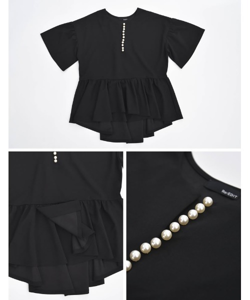 Re:EDIT（リエディ）の「[洗濯機で洗える]パール付きキーネックカットジョーゼットペプラムトップス（Tシャツ/カットソー・レディース・ホワイト/ブラック・MEDIUM/LARGE）」の12枚目の写真