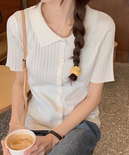 LAC-VERT（ラック・ヴェール）の「変形ボタンリブニットポロシャツ（シャツ/ブラウス・レディース・グリーン/ピンク/ホワイト/ブラック・FREE）」の7枚目の写真