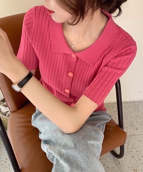 LAC-VERT（ラック・ヴェール）の「変形ボタンリブニットポロシャツ（シャツ/ブラウス・レディース・グリーン/ピンク/ホワイト/ブラック・FREE）」の8枚目の写真