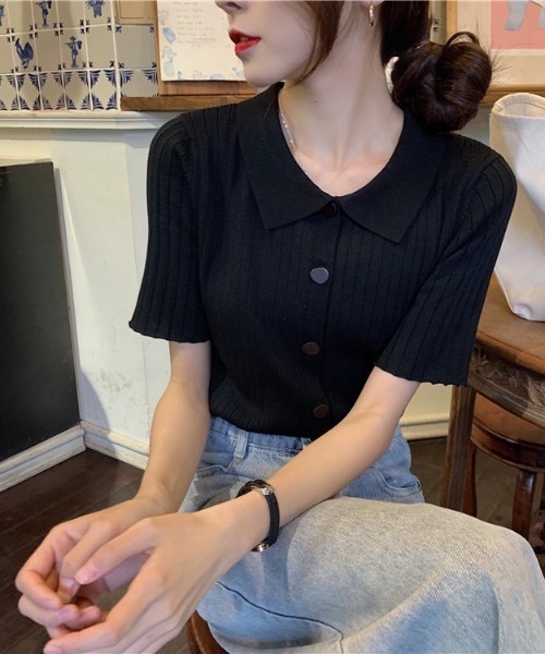 LAC-VERT（ラック・ヴェール）の「変形ボタンリブニットポロシャツ（シャツ/ブラウス・レディース・グリーン/ピンク/ホワイト/ブラック・FREE）」の10枚目の写真