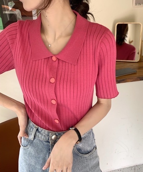 LAC-VERT（ラック・ヴェール）の「変形ボタンリブニットポロシャツ（シャツ/ブラウス・レディース・グリーン/ピンク/ホワイト/ブラック・FREE）」の12枚目の写真