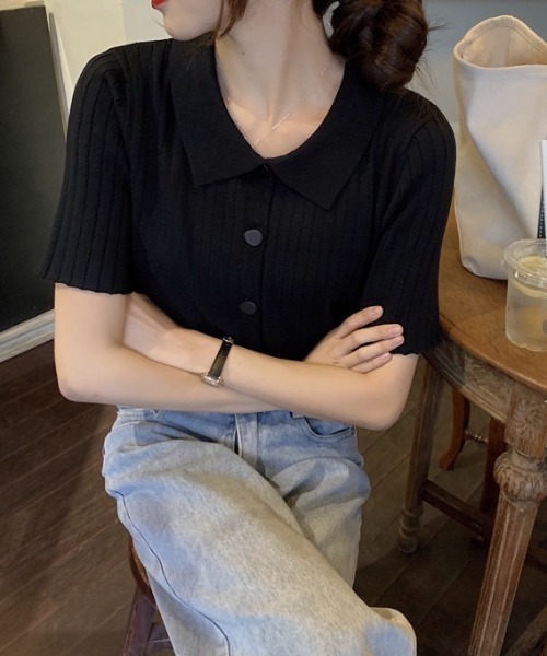 LAC-VERT（ラック・ヴェール）の「変形ボタンリブニットポロシャツ（シャツ/ブラウス・レディース・グリーン/ピンク/ホワイト/ブラック・FREE）」の14枚目の写真