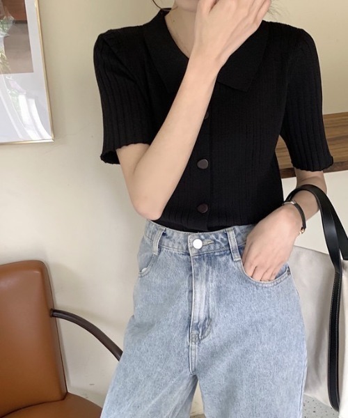 LAC-VERT（ラック・ヴェール）の「変形ボタンリブニットポロシャツ（シャツ/ブラウス・レディース・グリーン/ピンク/ホワイト/ブラック・FREE）」の22枚目の写真