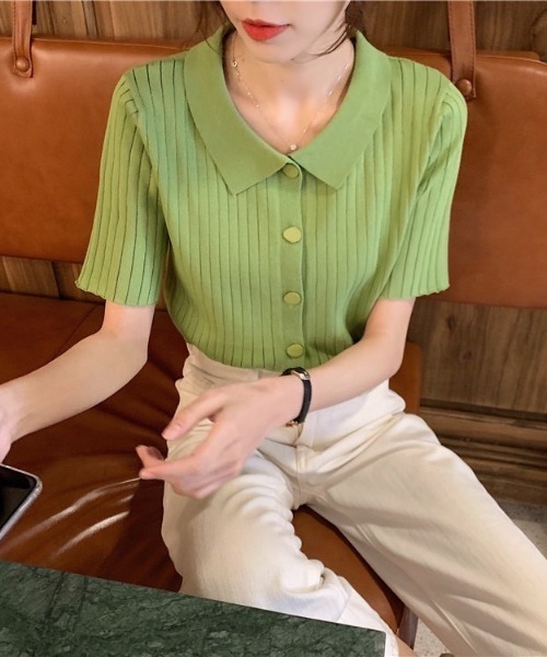 LAC-VERT（ラック・ヴェール）の「変形ボタンリブニットポロシャツ（シャツ/ブラウス・レディース・グリーン/ピンク/ホワイト/ブラック・FREE）」の13枚目の写真