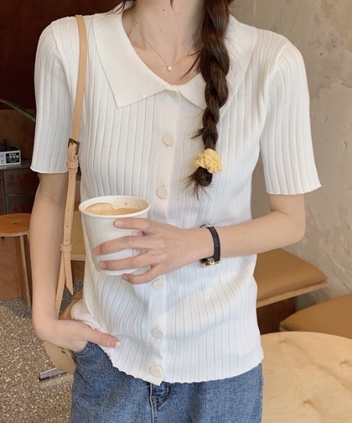 LAC-VERT（ラック・ヴェール）の「変形ボタンリブニットポロシャツ（シャツ/ブラウス・レディース・グリーン/ピンク/ホワイト/ブラック・FREE）」の21枚目の写真