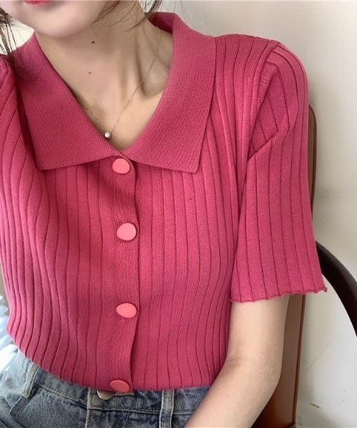 LAC-VERT（ラック・ヴェール）の「変形ボタンリブニットポロシャツ（シャツ/ブラウス・レディース・グリーン/ピンク/ホワイト/ブラック・FREE）」の15枚目の写真