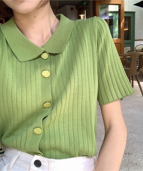 LAC-VERT（ラック・ヴェール）の「変形ボタンリブニットポロシャツ（シャツ/ブラウス・レディース・グリーン/ピンク/ホワイト/ブラック・FREE）」の9枚目の写真