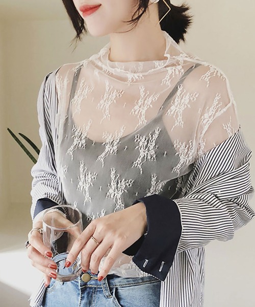 NinaetLina（ニナエリナ）の「レースチュールハイネックインナー（Tシャツ/カットソー・レディース・グレー/ブラック/ベージュ/キャメル/テラコッタ/ホワイト・FREE）」の2枚目の写真