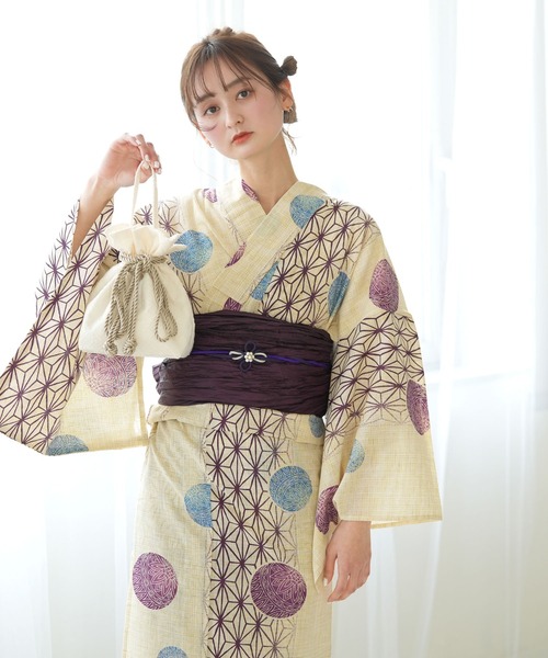 浴衣3点セット 綿麻 えんじの麻の葉と鞠