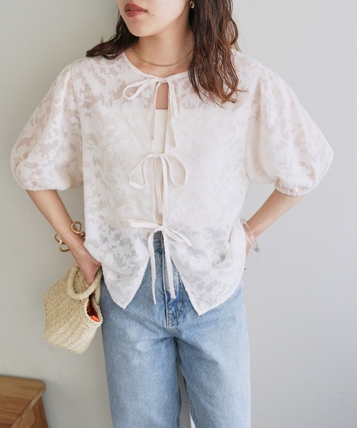 DISCOAT（ディスコート）の「【前後2WAY】ジャガードレース5分袖ブラウス（シャツ/ブラウス・レディース・ブラック/アイボリー・FREE）」の6枚目の写真