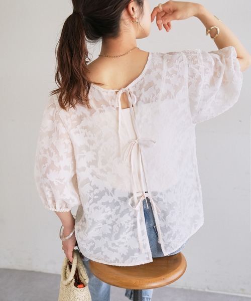 DISCOAT（ディスコート）の「【前後2WAY】ジャガードレース5分袖ブラウス（シャツ/ブラウス・レディース・ブラック/アイボリー・FREE）」の17枚目の写真