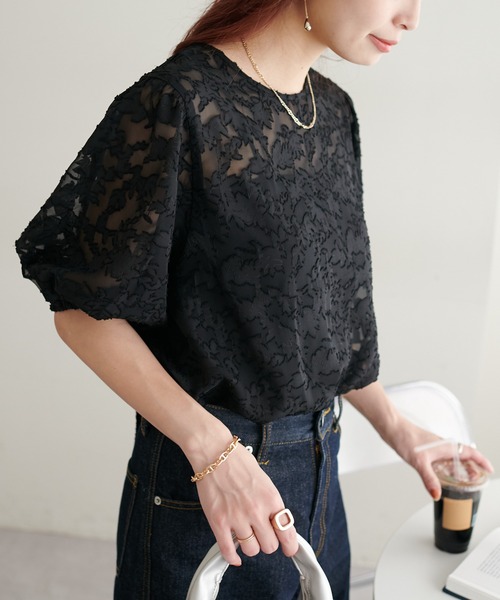 DISCOAT（ディスコート）の「【前後2WAY】ジャガードレース5分袖ブラウス（シャツ/ブラウス・レディース・ブラック/アイボリー・FREE）」の21枚目の写真