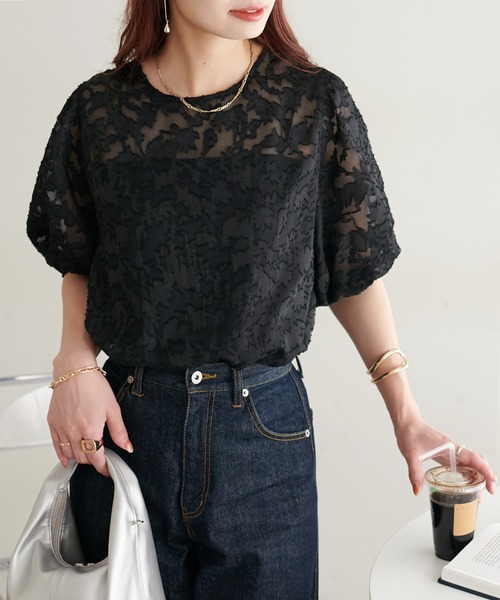 DISCOAT（ディスコート）の「【前後2WAY】ジャガードレース5分袖ブラウス（シャツ/ブラウス・レディース・ブラック/アイボリー・FREE）」の20枚目の写真