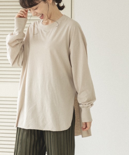 pairmanon（ペアマノン）の「【ママサイズ】 ビッグシルエット ラウンドヘム 長袖Tシャツ（Tシャツ/カットソー・レディース・パープル系その他/ブラウン系その他/ライトベージュ/ベージュ系その他/ブラック/ブラック系その他/ホワイト系その他/アイボリー・FREE）」の6枚目の写真