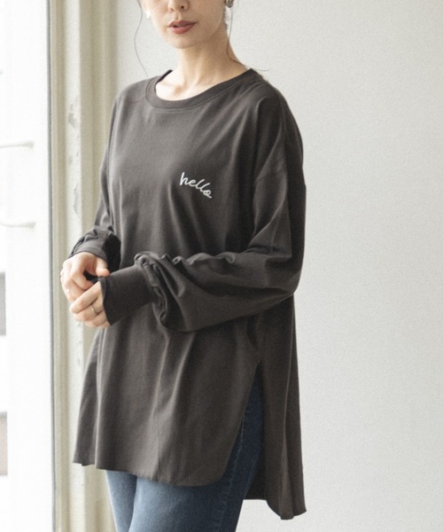 pairmanon（ペアマノン）の「【ママサイズ】 ビッグシルエット ラウンドヘム 長袖Tシャツ（Tシャツ/カットソー・レディース・パープル系その他/ブラウン系その他/ライトベージュ/ベージュ系その他/ブラック/ブラック系その他/ホワイト系その他/アイボリー・FREE）」の4枚目の写真
