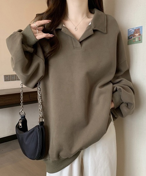 gossip！ロサンゼルス（ゴシップロサンゼルス）の「YUGA　ポロカラー　ルーズトップス（ポロシャツ・レディース・ブラウン/ホワイト/ブラック・FREE）」の3枚目の写真