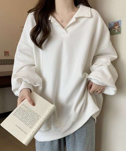 gossip！ロサンゼルス（ゴシップロサンゼルス）の「YUGA　ポロカラー　ルーズトップス（ポロシャツ・レディース・ブラウン/ホワイト/ブラック・FREE）」の6枚目の写真