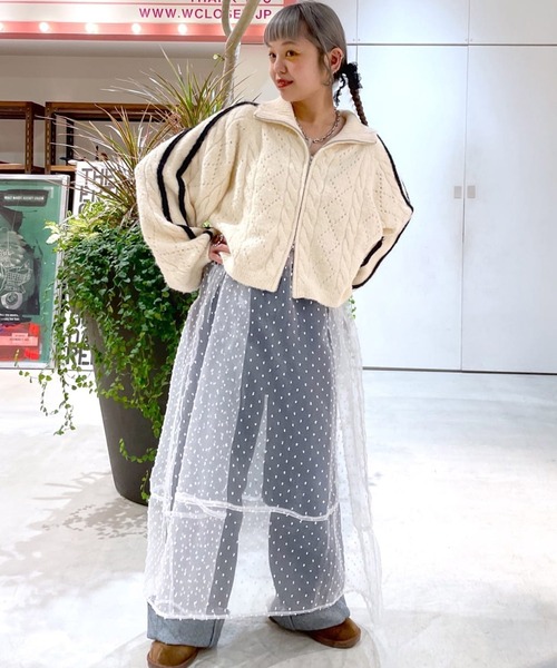 Alley by w closet（アリーバイダブルクローゼット）の「【Alley】ライン入り透かしケーブルZIPカーディガン（カーディガン/ボレロ・レディース・キナリ/サックスブルー/グレー・FREE）」の4枚目の写真