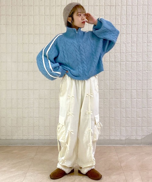 Alley by w closet（アリーバイダブルクローゼット）の「【Alley】ライン入り透かしケーブルZIPカーディガン（カーディガン/ボレロ・レディース・キナリ/サックスブルー/グレー・FREE）」の8枚目の写真