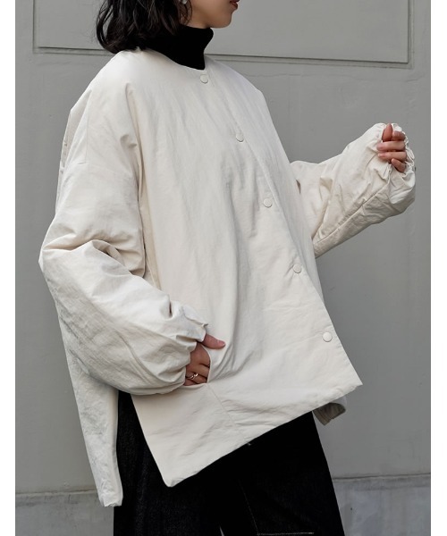 セール】[低身長サイズ有]サイドジップノーカラー中綿ジャケット