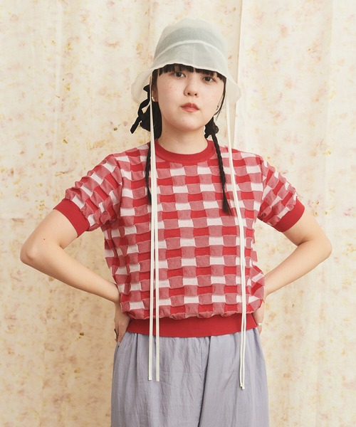 AMBIDEX(アンビデックス)の「ギンガムジャカード クルーネックプルオーバー(Tシャツ/カットソー・レディース・レッド/ブラック・FREE)」の2枚目の写真