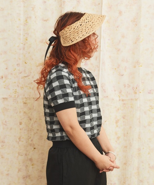 AMBIDEX(アンビデックス)の「ギンガムジャカード クルーネックプルオーバー(Tシャツ/カットソー・レディース・レッド/ブラック・FREE)」の3枚目の写真