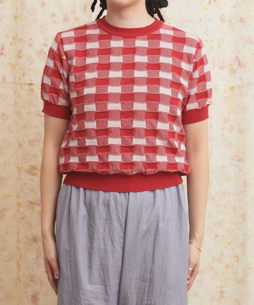 AMBIDEX(アンビデックス)の「ギンガムジャカード クルーネックプルオーバー(Tシャツ/カットソー・レディース・レッド/ブラック・FREE)」の12枚目の写真