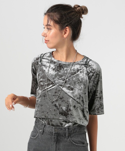 BAYFLOW（ベイフロー）の「[着心地の良いストレッチ素材]クラッシュベロア2Pセット（Tシャツ/カットソー・レディース・ベージュ/グレー・FREE）」の10枚目の写真