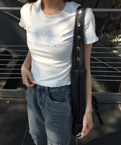 RiLi(リリ)の「ビジューメッセージTシャツ【RL】(Tシャツ/カットソー・レディース・ネイビー/ホワイト・FREE)」の1枚目の写真