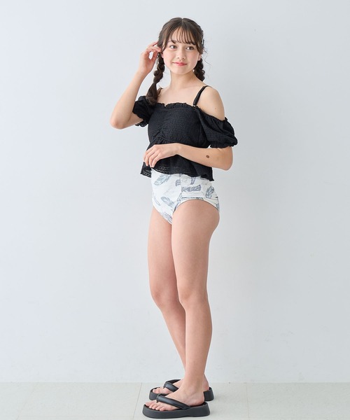 セール】レースパフトップス×ハイウエストビキニ上下2点セット