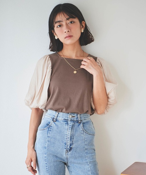 mil(ミル)の「【150㎝前後の小柄さんサイズ】袖ドッキングリブトップス(Tシャツ/カットソー・レディース・ブラック/モカ・S/XS)」の2枚目の写真