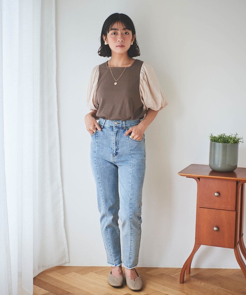 mil(ミル)の「【150㎝前後の小柄さんサイズ】袖ドッキングリブトップス(Tシャツ/カットソー・レディース・ブラック/モカ・S/XS)」の10枚目の写真