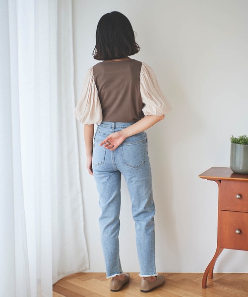 mil(ミル)の「【150㎝前後の小柄さんサイズ】袖ドッキングリブトップス(Tシャツ/カットソー・レディース・ブラック/モカ・S/XS)」の12枚目の写真