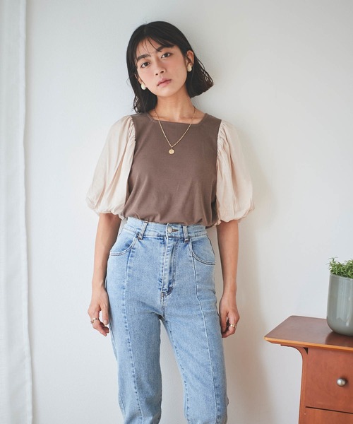 mil(ミル)の「【150㎝前後の小柄さんサイズ】袖ドッキングリブトップス(Tシャツ/カットソー・レディース・ブラック/モカ・S/XS)」の13枚目の写真