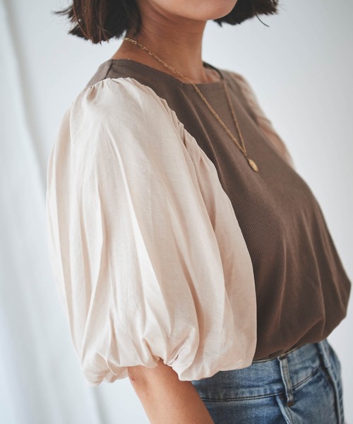 mil(ミル)の「【150㎝前後の小柄さんサイズ】袖ドッキングリブトップス(Tシャツ/カットソー・レディース・ブラック/モカ・S/XS)」の16枚目の写真