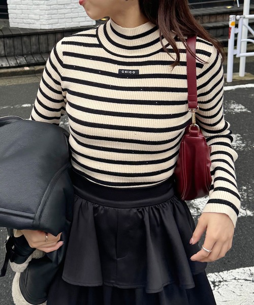 ニット セーター スパンコールハイネックリブニットトップス レディース WEB限定カラー/ボーダー】スパンコールハイネックリブニット
