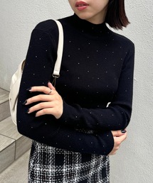 【WEB限定カラー/ボーダー】スパンコールハイネックリブニット