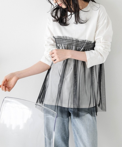 AMELY（エミリー）の「チュールドッキングロングTシャツ（Tシャツ/カットソー・レディース・ホワイト/ブラック/ホワイト×ブラック・フリー）」の2枚目の写真