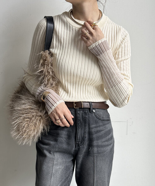 DouDou(ドゥドゥ)の「【WEB限定】ワイドリブ配色スリーブプルオーバー(ニット/セーター・レディース・ブラック/オフホワイト/グレー/グリーン系その他・FREE)」の1枚目の写真